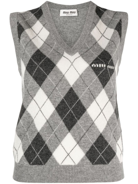 Grey Argyle Check Cashmere Vest