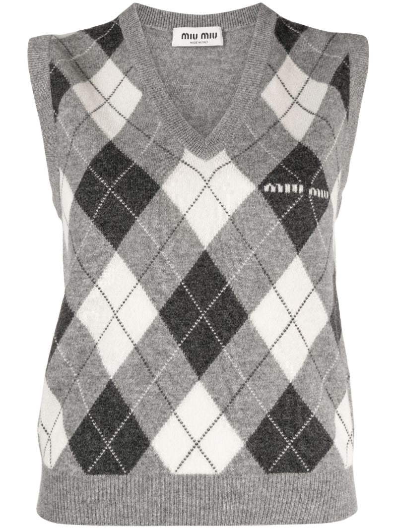 Grey Argyle Check Cashmere Vest