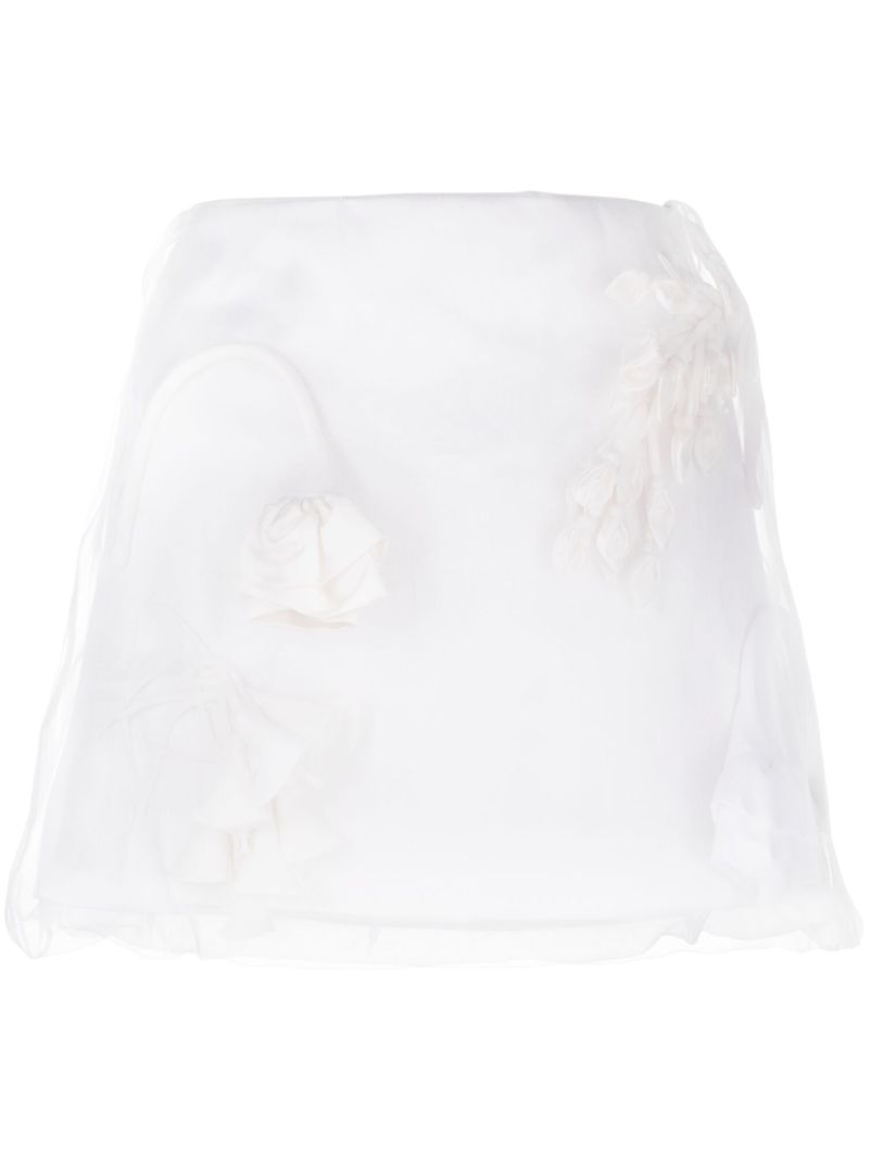 White Floral-appliquÃ_x0083_Â© Silk Mini Skirt
