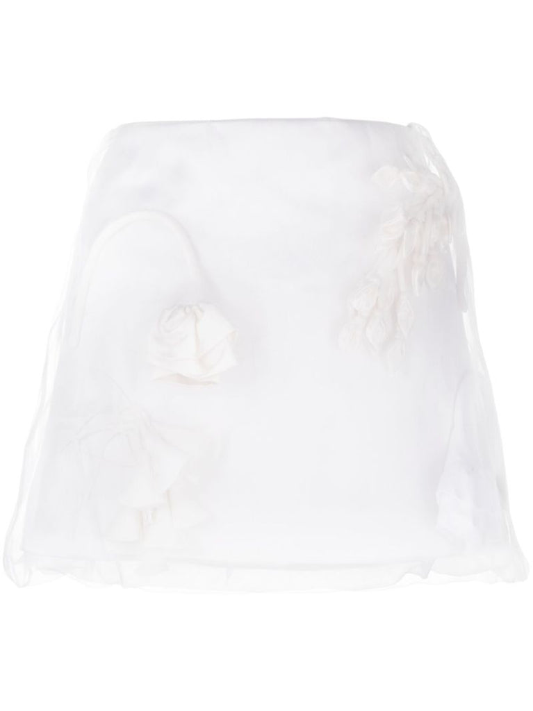 White Floral-appliquÃ_x0083_Â© Silk Mini Skirt
