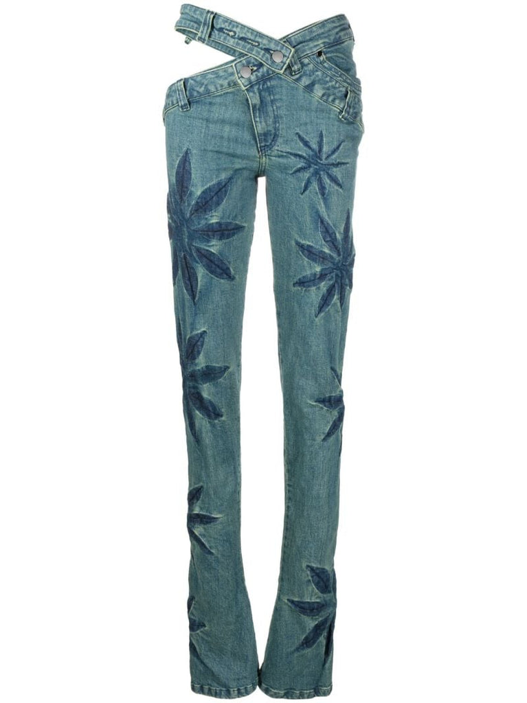 Blue Flowers Bias Cut Bootcut Jeans