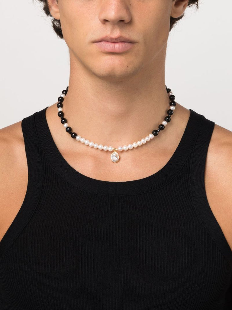 Gold-tone Onyx, Pearl and Crystal Necklace