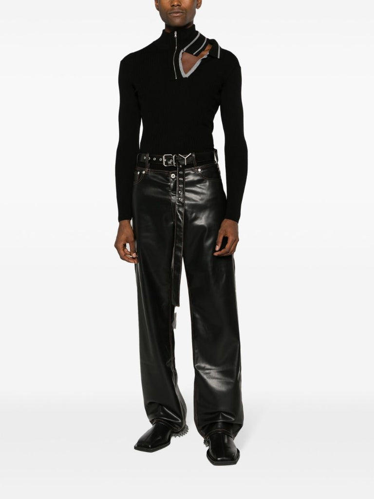 Black Y-belt Faux-leather Trousers