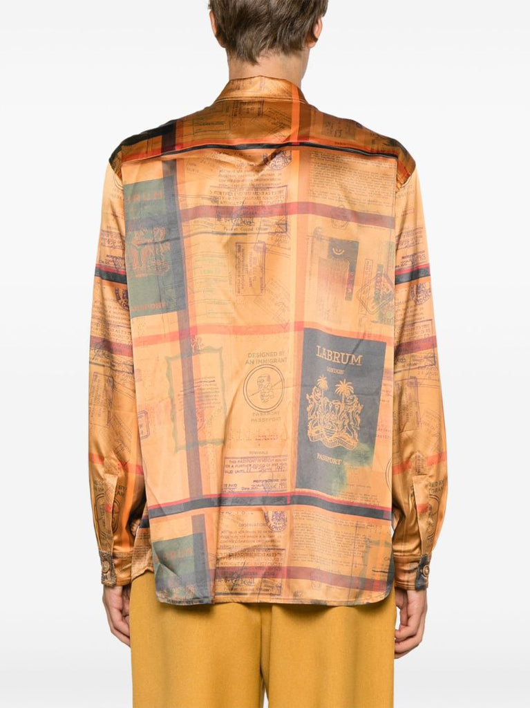 Orange Passport-print Satin Shirt