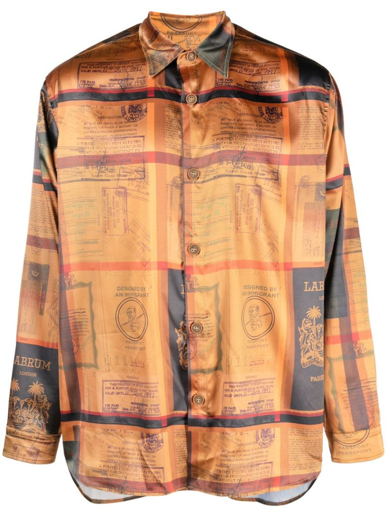 Orange Passport-print Satin Shirt