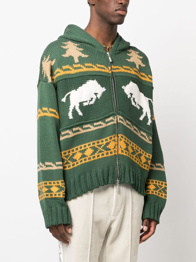Green Intarsia Knit Zip Front Hoodie