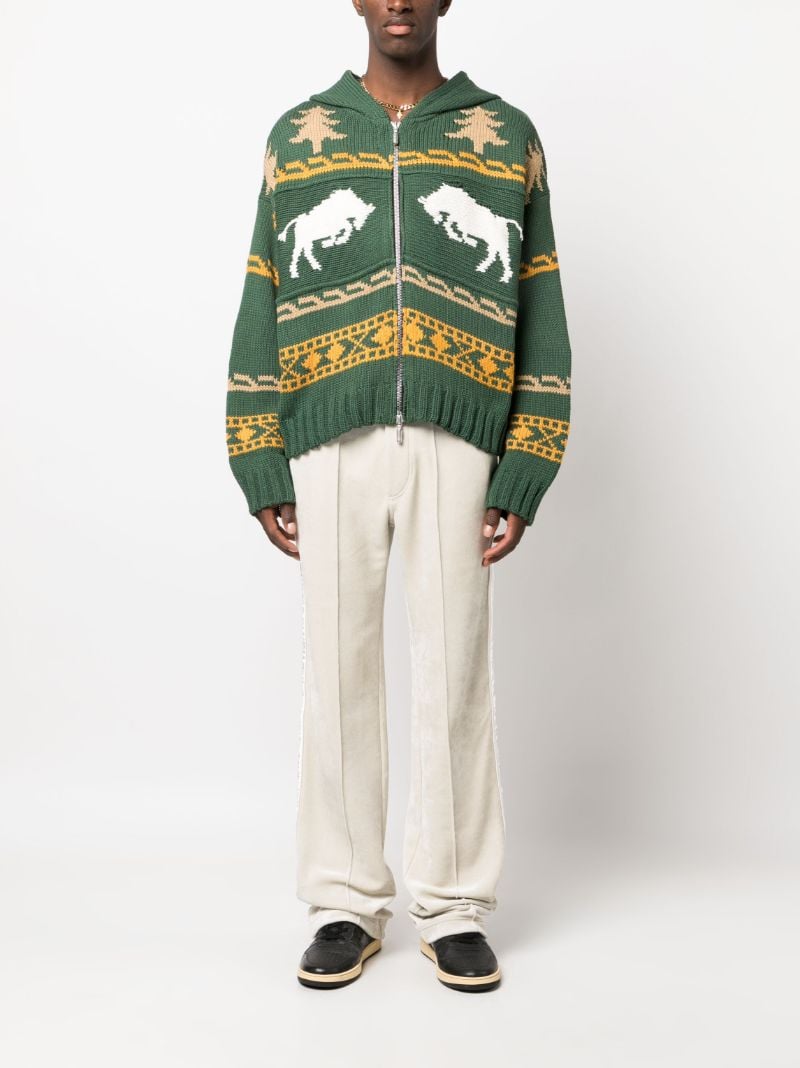 Green Intarsia Knit Zip Front Hoodie