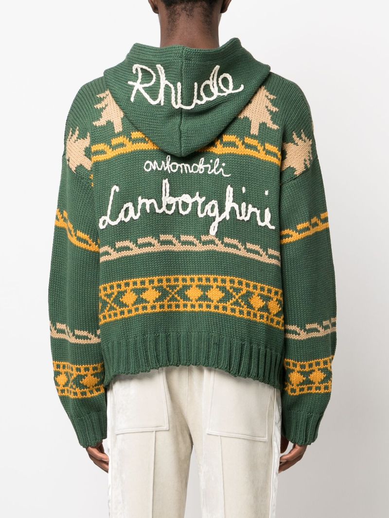 Green Intarsia Knit Zip Front Hoodie