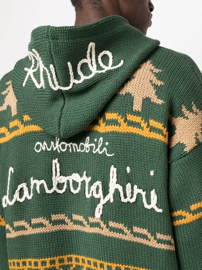Green Intarsia Knit Zip Front Hoodie