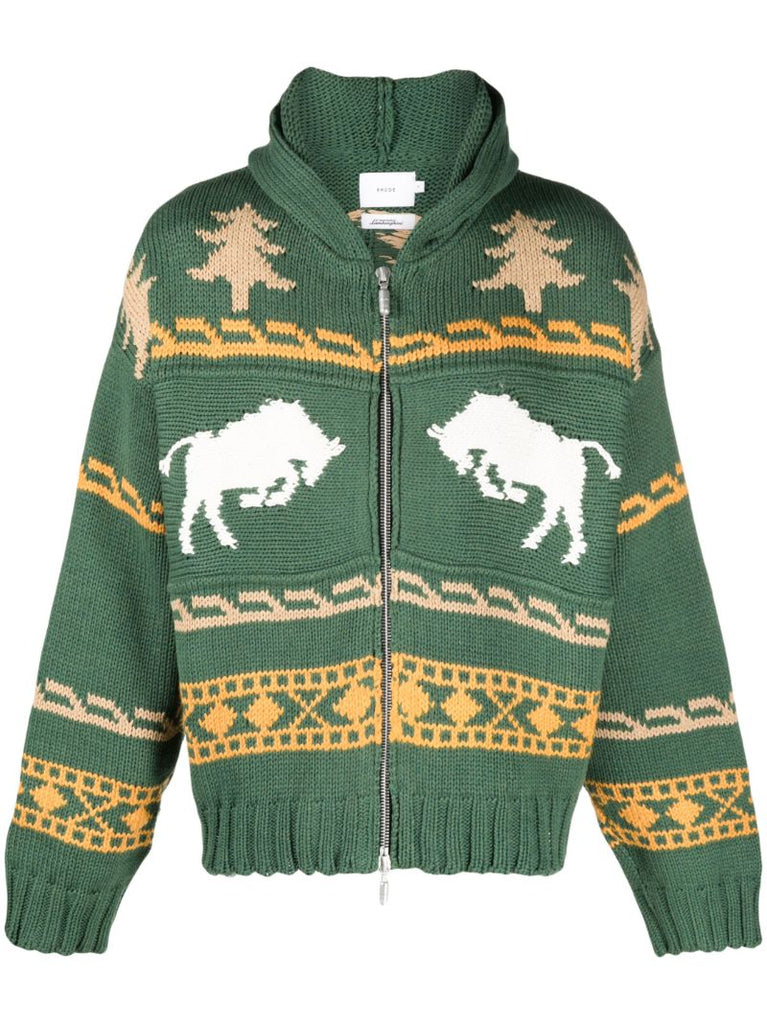 Green Intarsia Knit Zip Front Hoodie