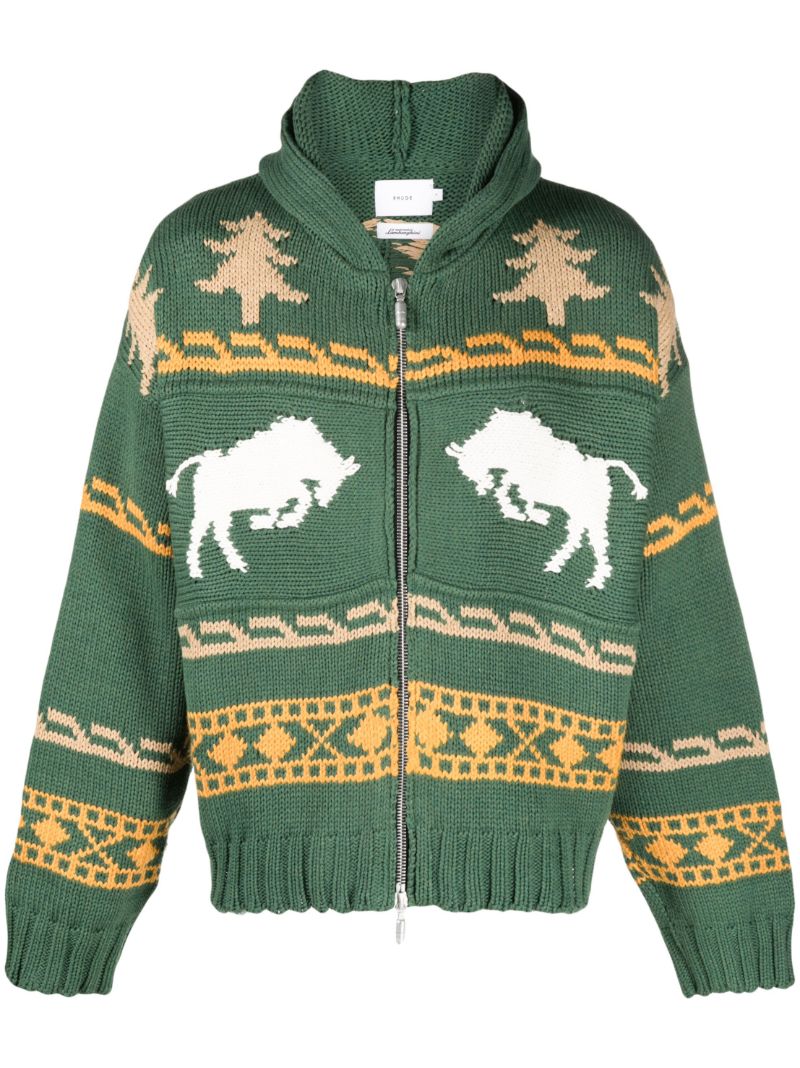 Green Intarsia Knit Zip Front Hoodie