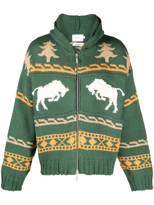 Green Intarsia Knit Zip Front Hoodie