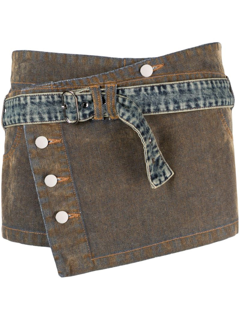 Brown Denim Wrap Mini Skirt