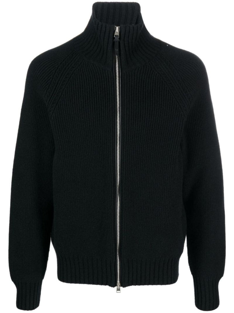 Black Zipped Ribbed-knit Cardigan