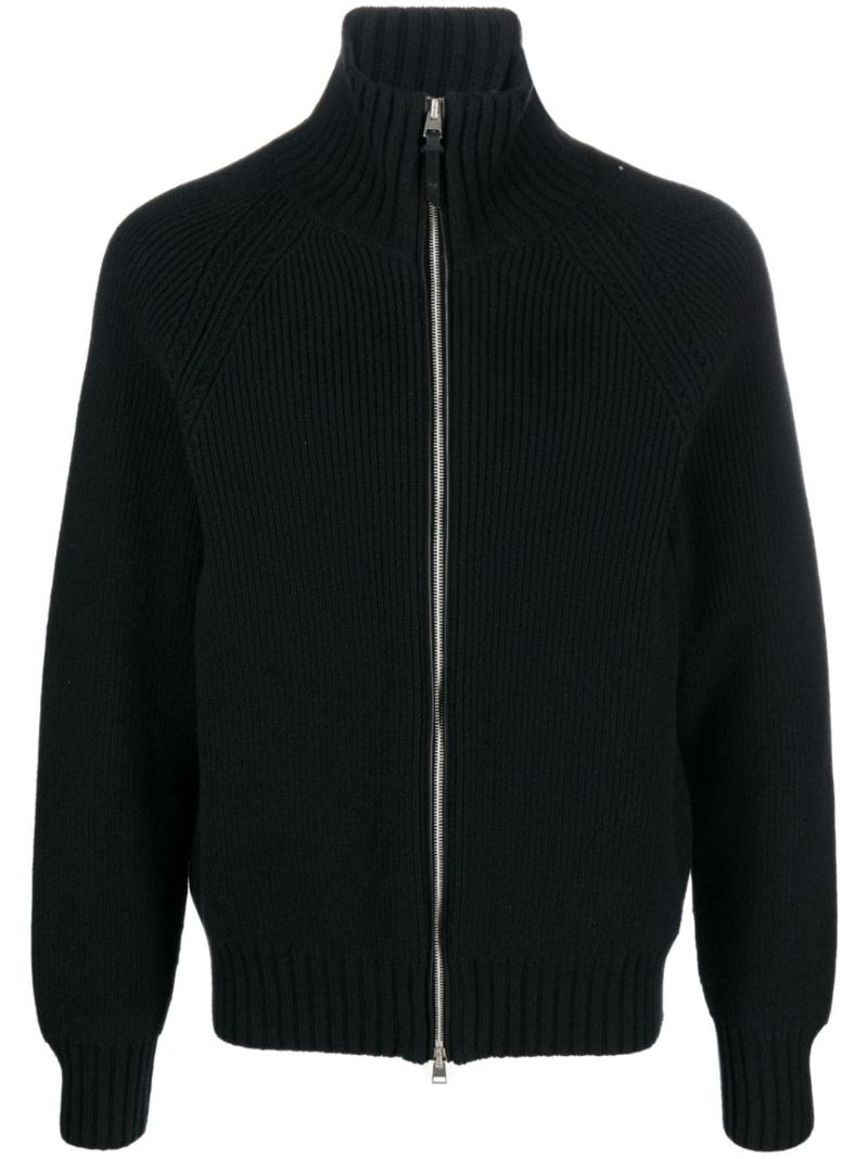 Black Zipped Ribbed-knit Cardigan