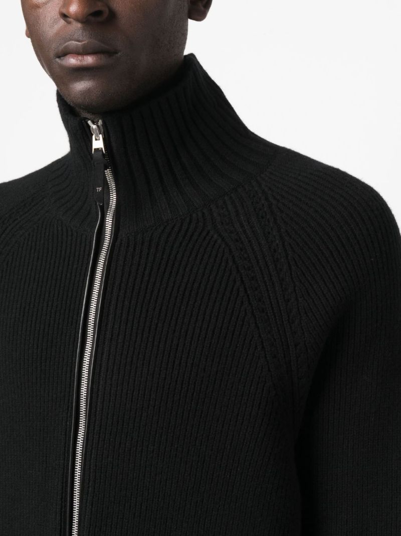 Black Zipped Ribbed-knit Cardigan