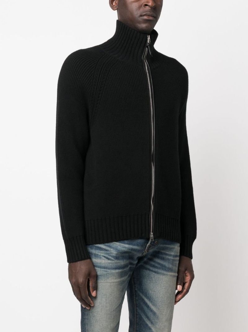 Black Zipped Ribbed-knit Cardigan