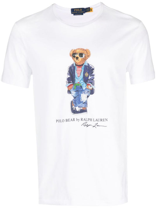 White Polo Bear Print Cotton T-shirt