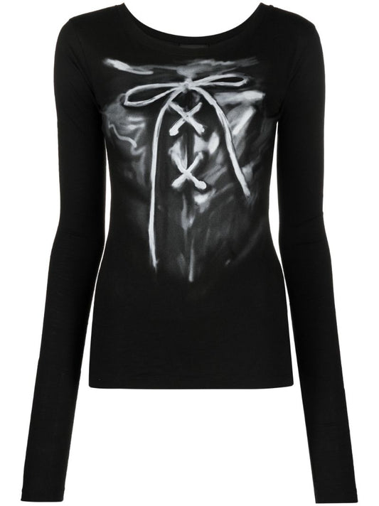 Black Ribbon-print Cotton Top