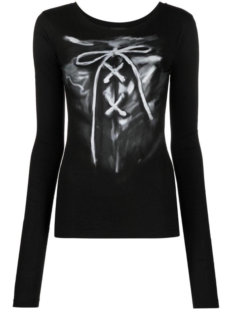 Black Ribbon-print Cotton Top