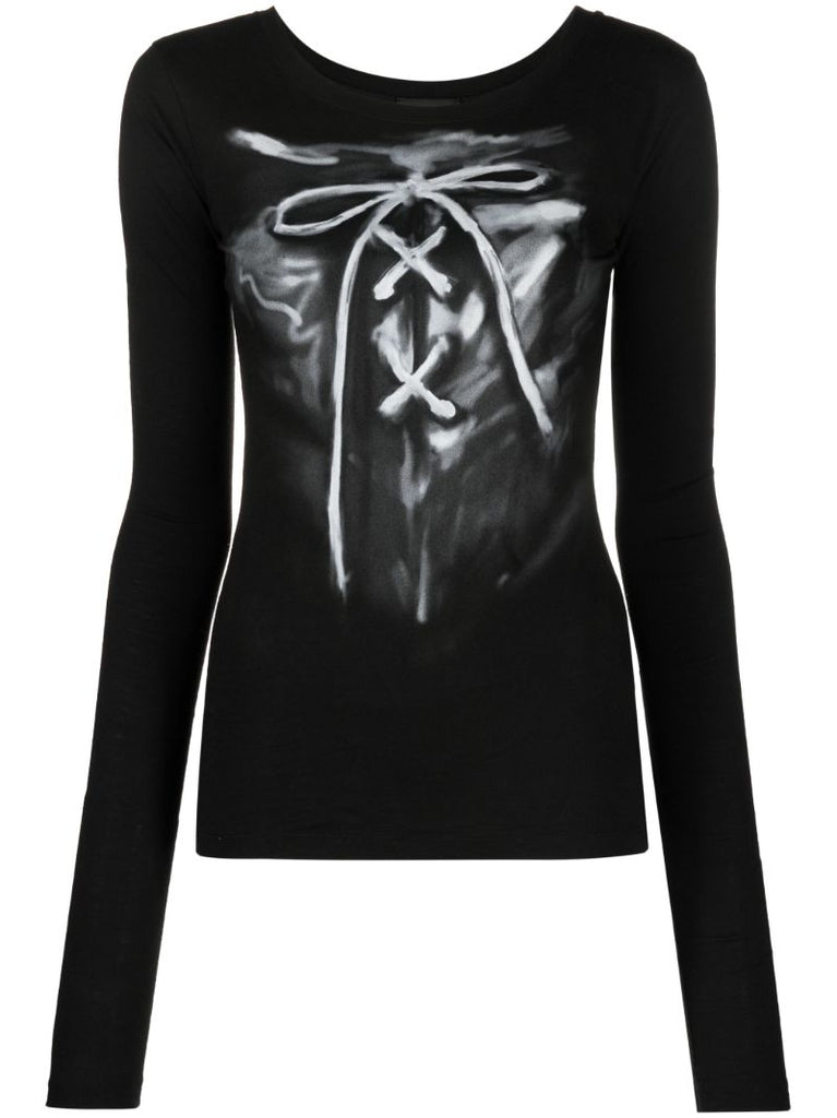 Black Ribbon-print Cotton Top