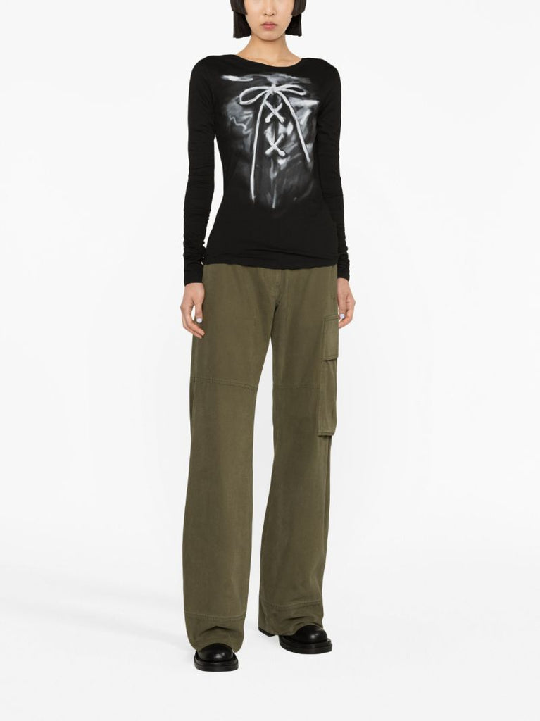Black Ribbon-print Cotton Top