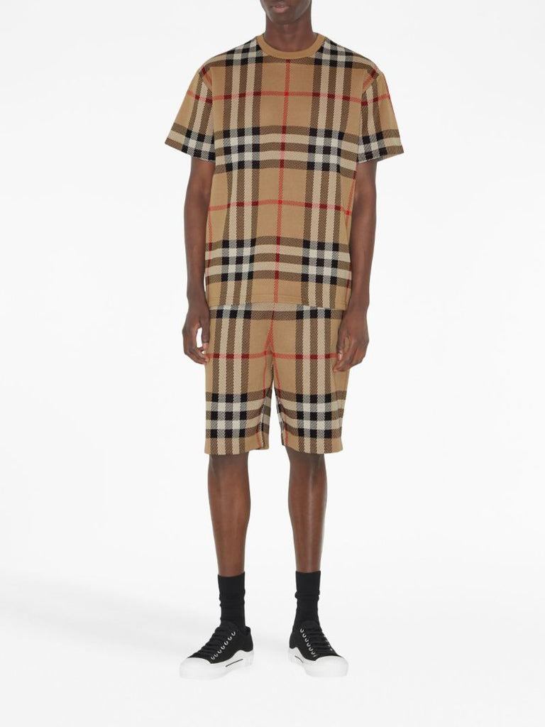 Beige Vintage Check-pattern Cotton Shorts