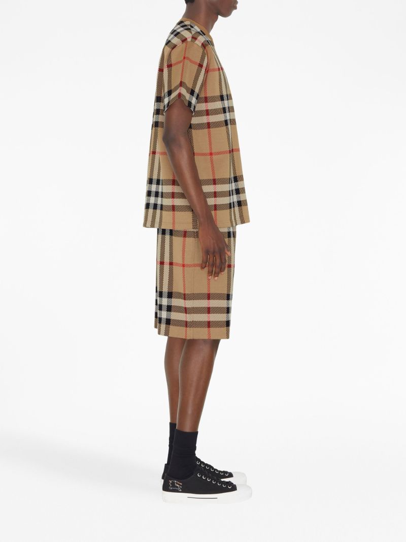 Beige Vintage Check-pattern Cotton Shorts