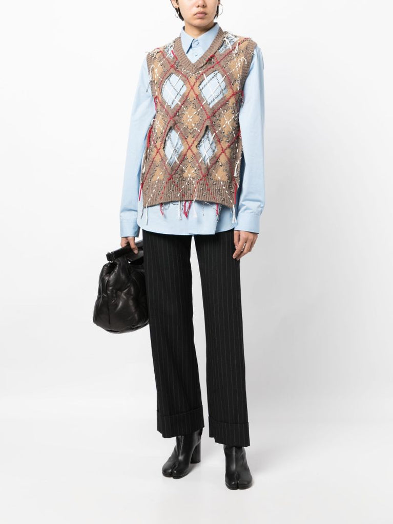 Brown Frayed Checked Vest