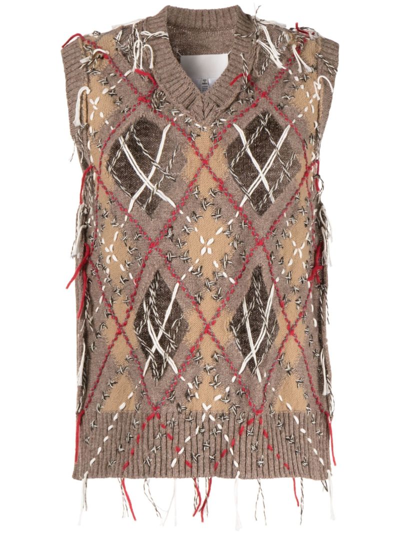 Brown Frayed Checked Vest