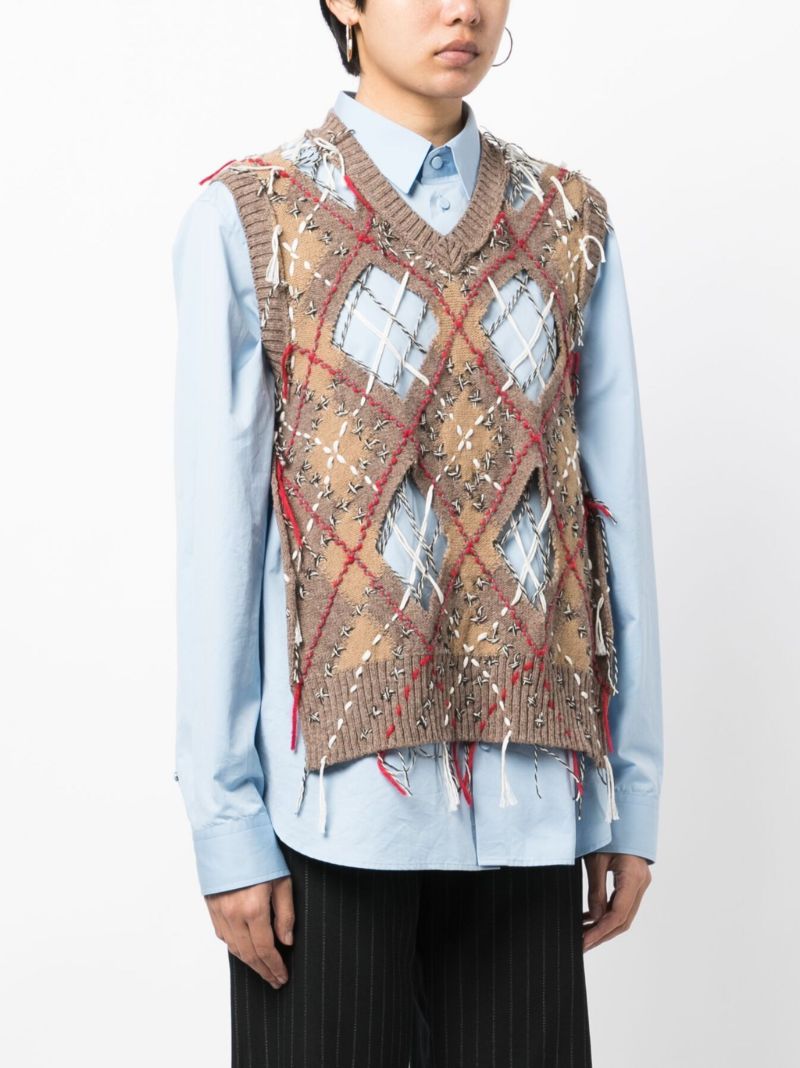 Brown Frayed Checked Vest