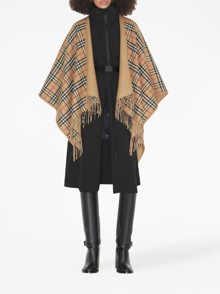 Beige Check-pattern Reversible Wool Cape