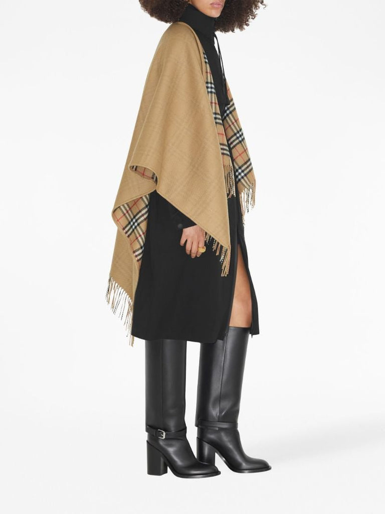 Beige Check-pattern Reversible Wool Cape