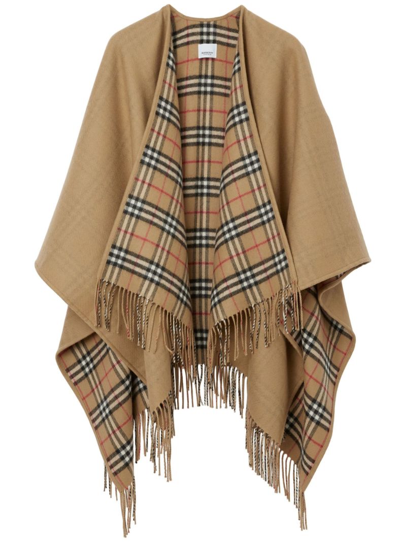 Beige Check-pattern Reversible Wool Cape