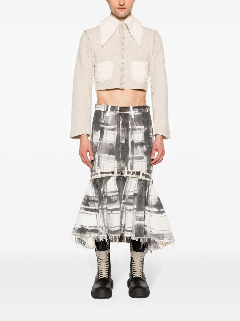 White Check-print Denim Maxi Skirt