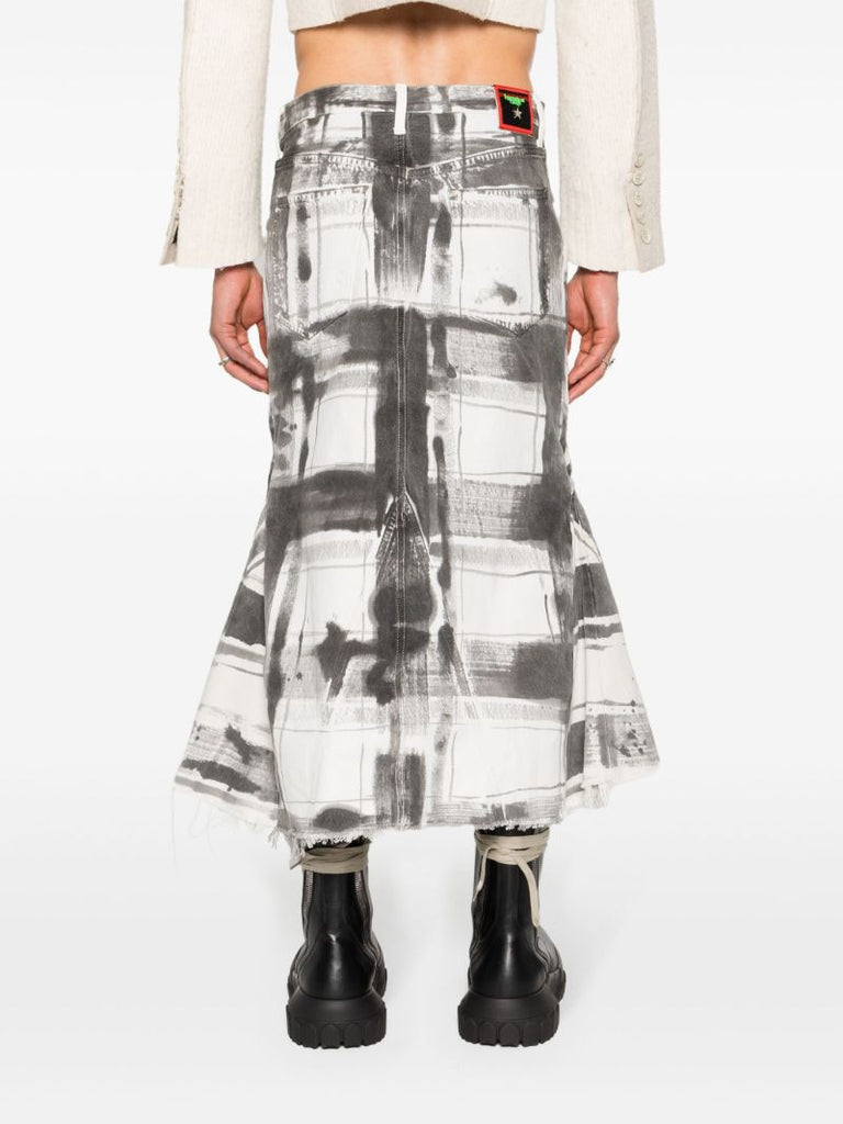 White Check-print Denim Maxi Skirt