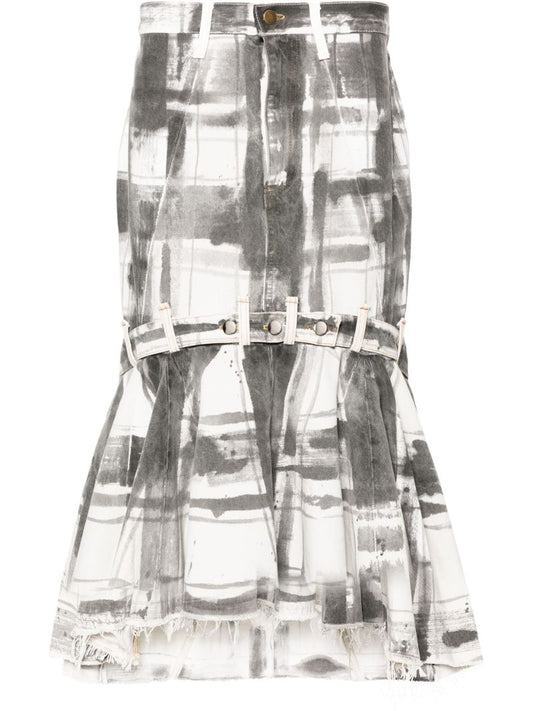 White Check-print Denim Maxi Skirt