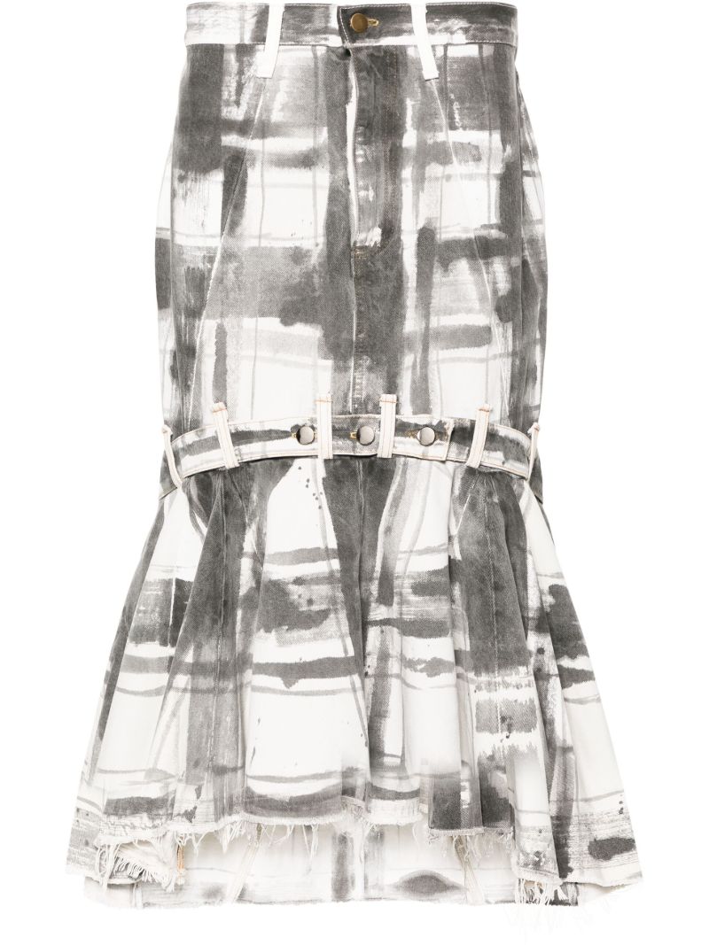 White Check-print Denim Maxi Skirt