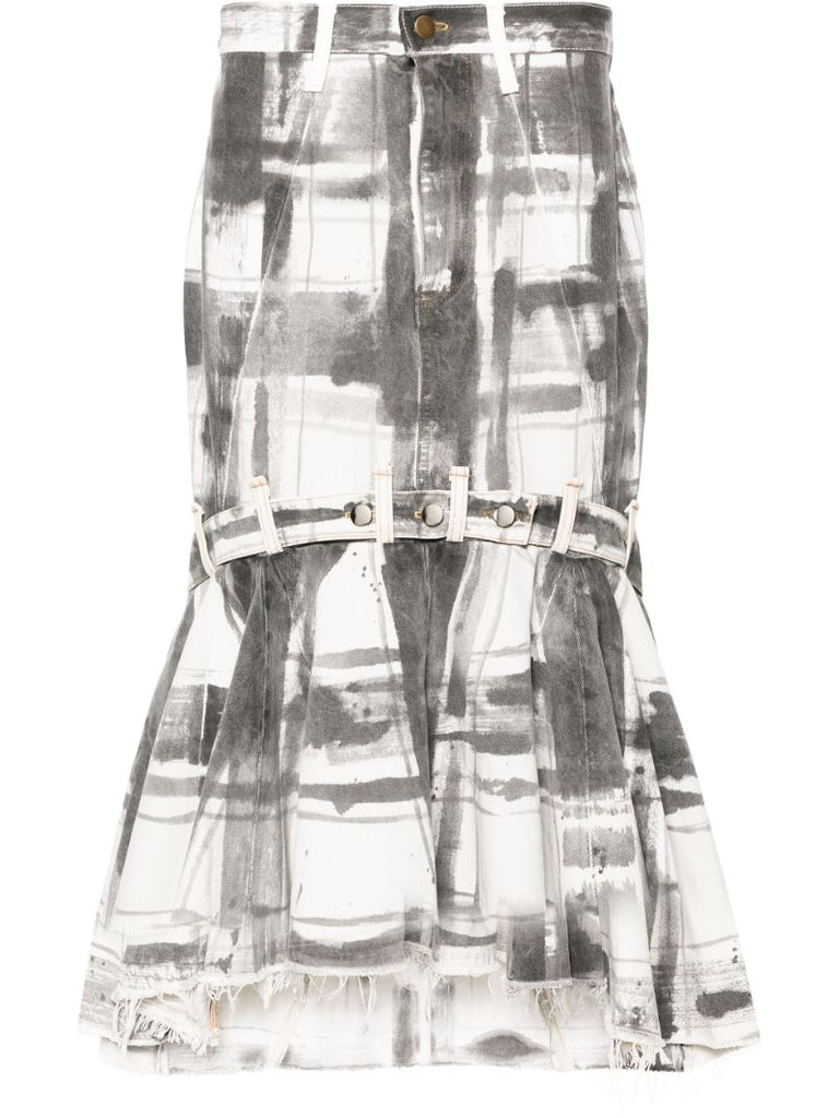 White Check-print Denim Maxi Skirt