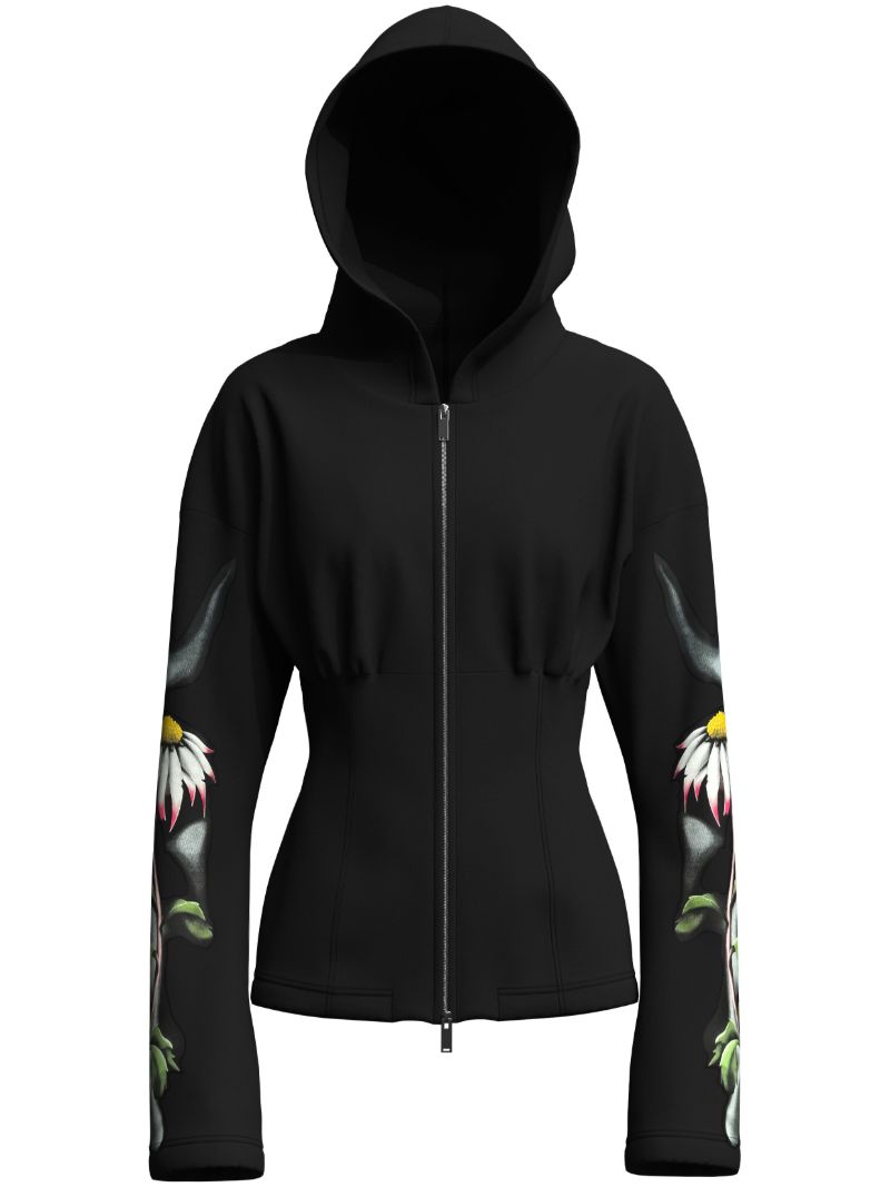 Black Floral-print Cotton Hoodie