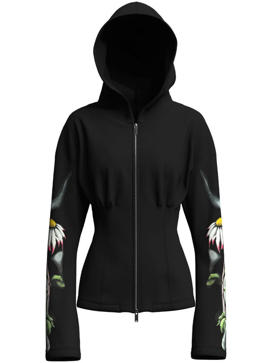 Black Floral-print Cotton Hoodie