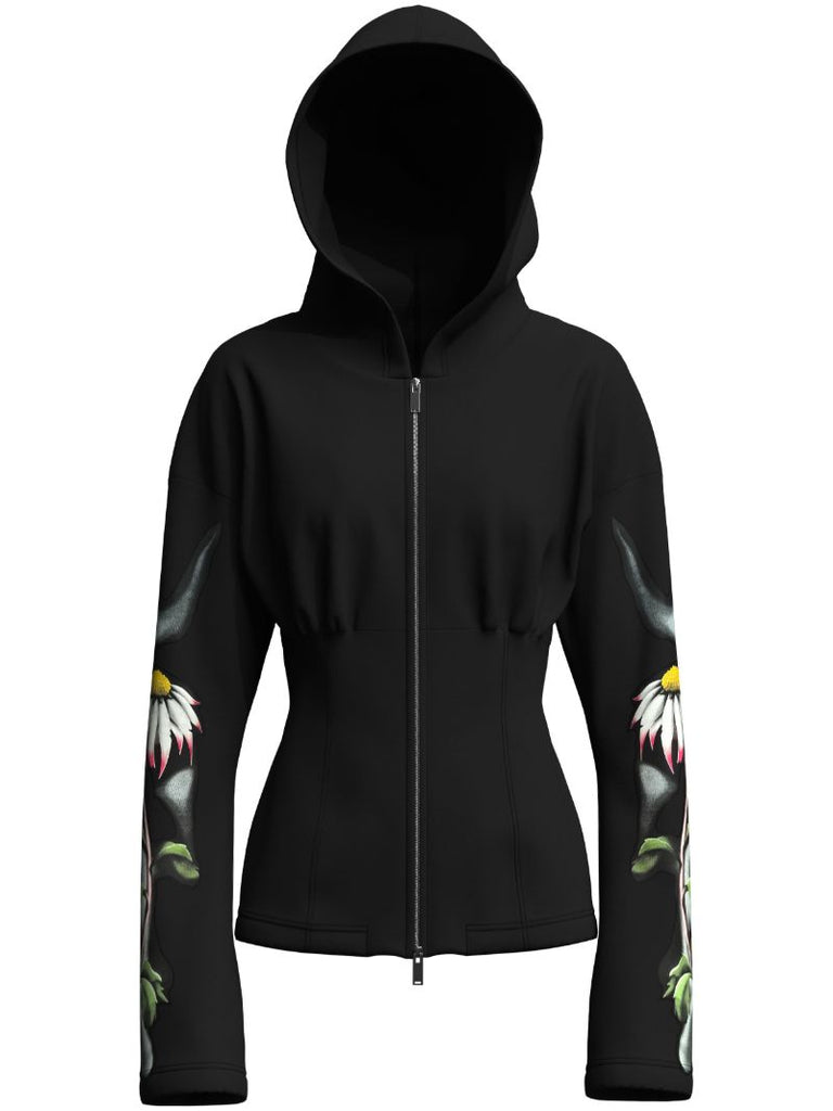 Black Floral-print Cotton Hoodie