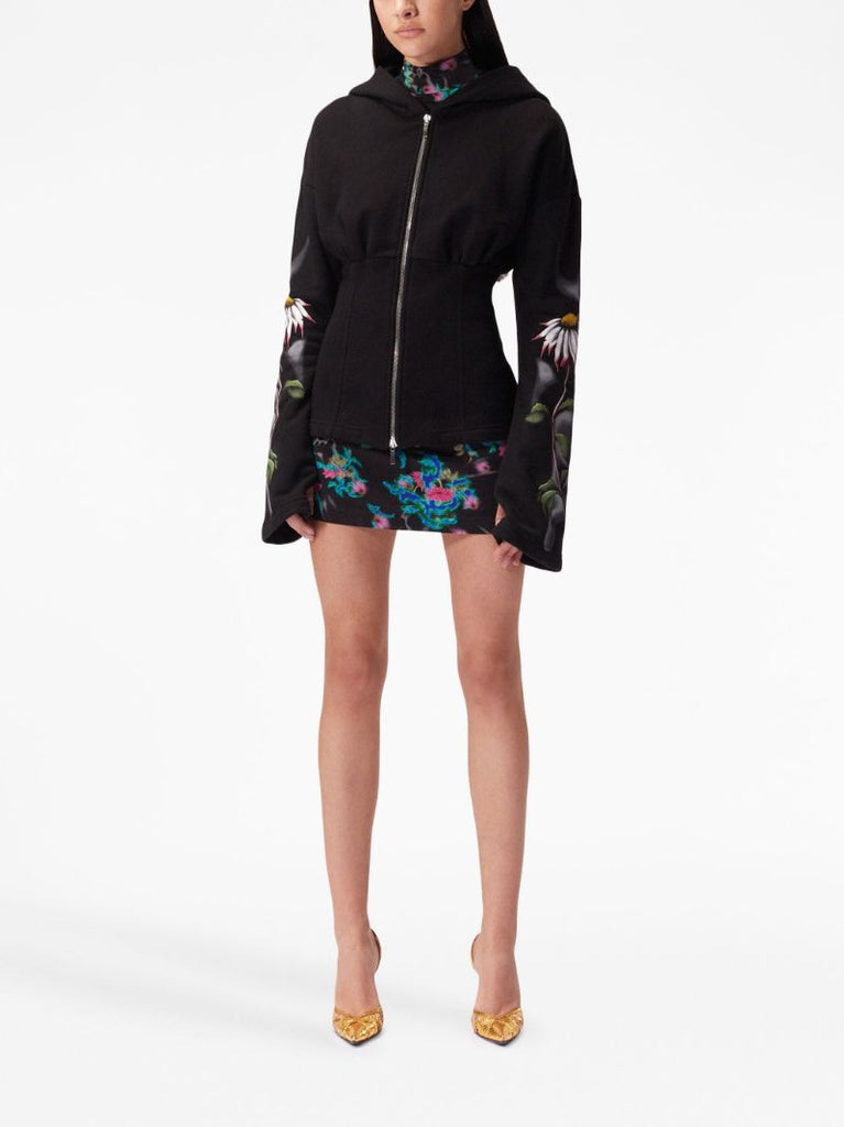 Black Floral-print Cotton Hoodie