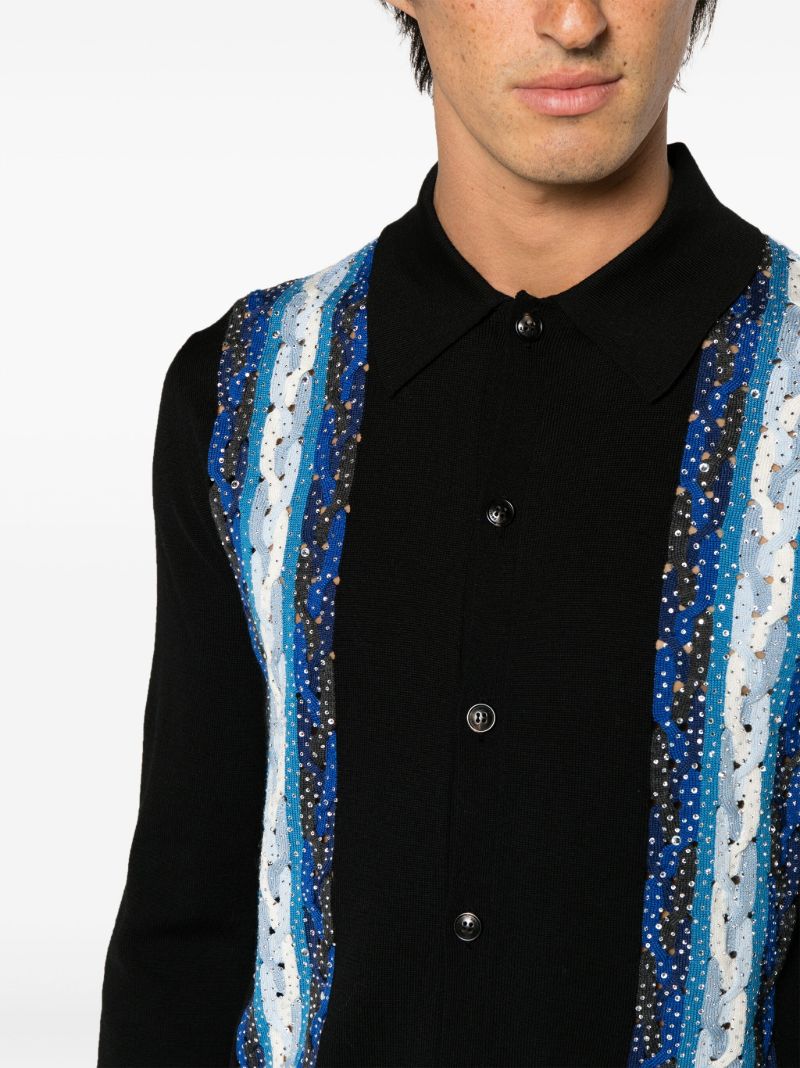 Black Crystal-embellished Cable-knit Wool Polo