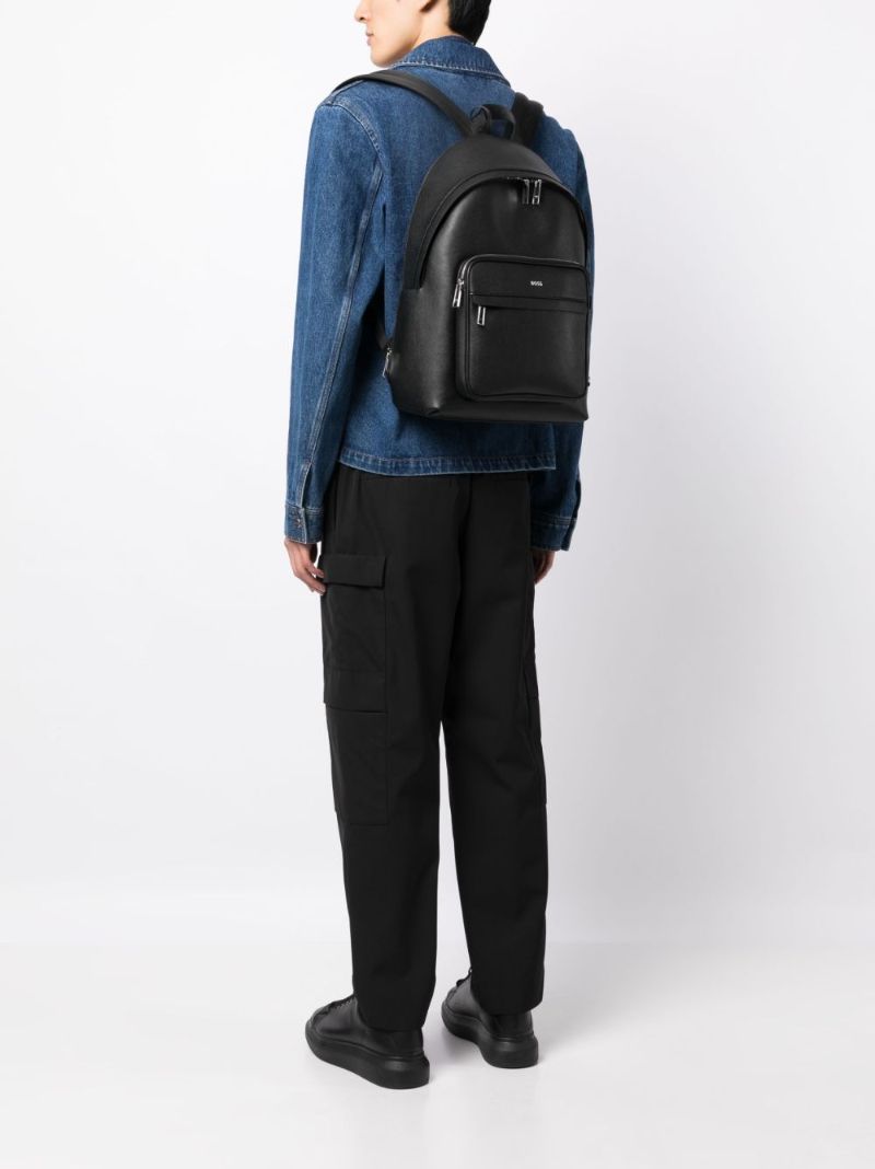 Black Logo Print Leather Backpack