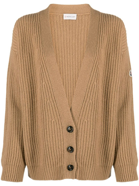 Brown Logo Patch Ribbed-knit Cardigan