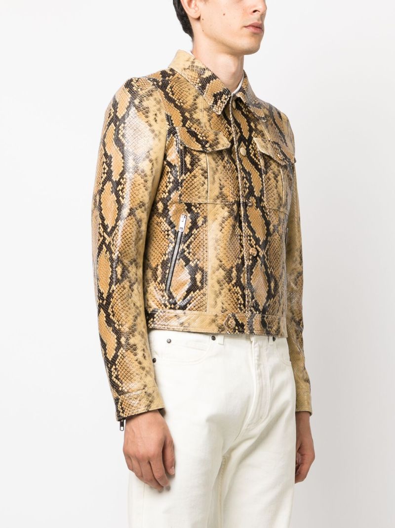 Brown Python-print Leather Jacket