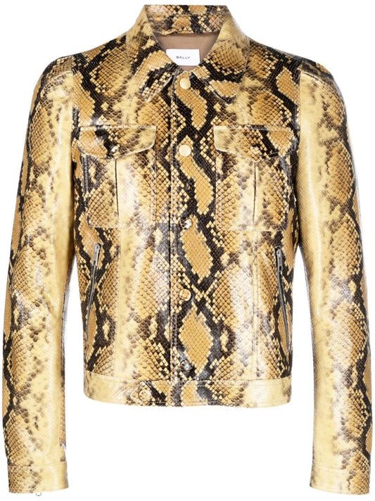 Brown Python-print Leather Jacket