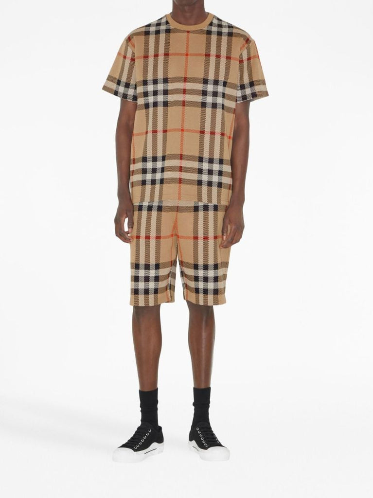Beige Checkered Jacquard Cotton T-shirt
