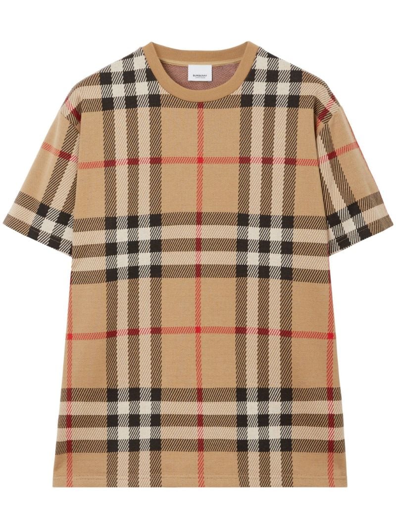 Beige Checkered Jacquard Cotton T-shirt